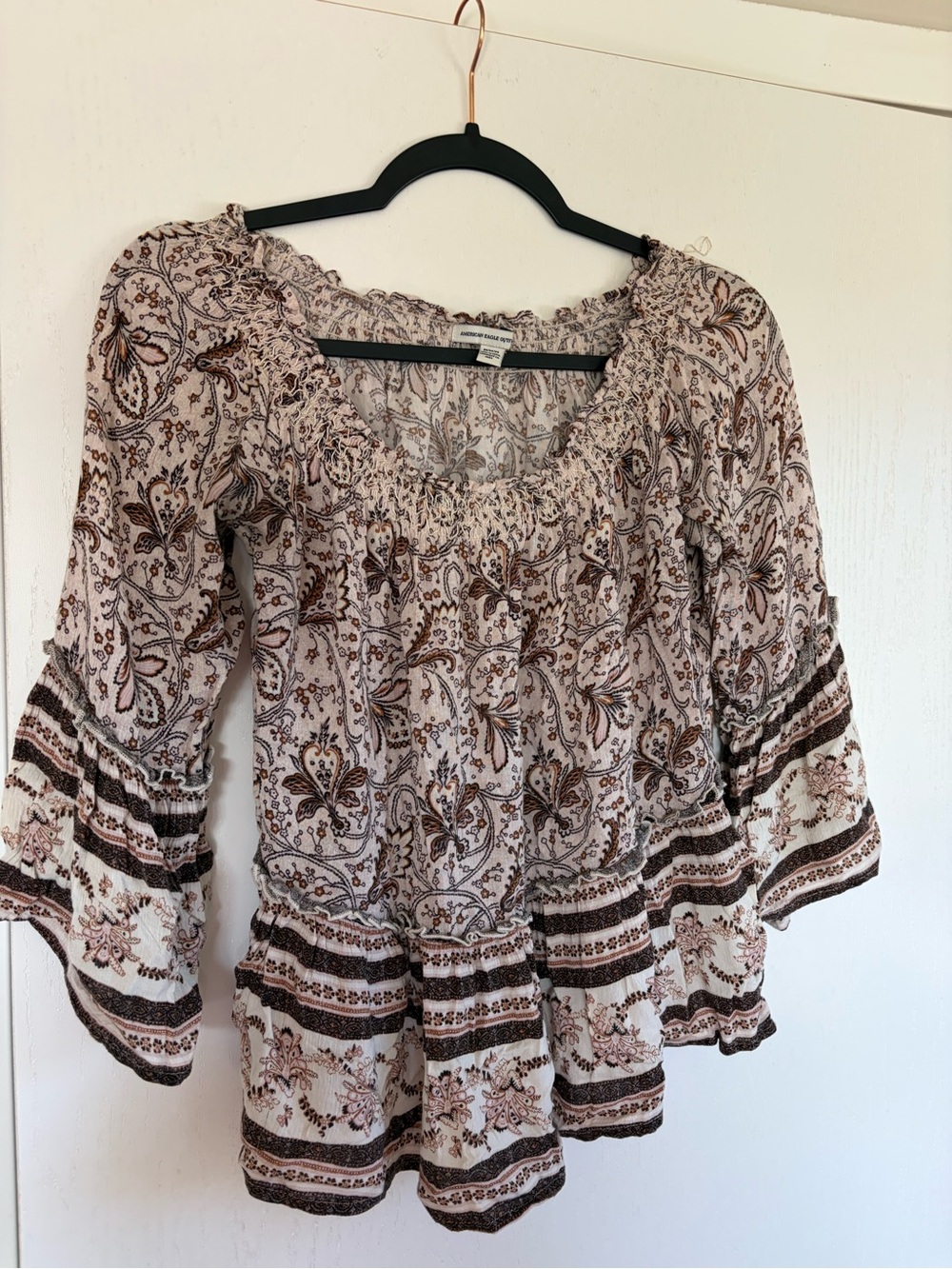 American Eagle Outfitters Cream and Brown Paisley Peasant Blouse